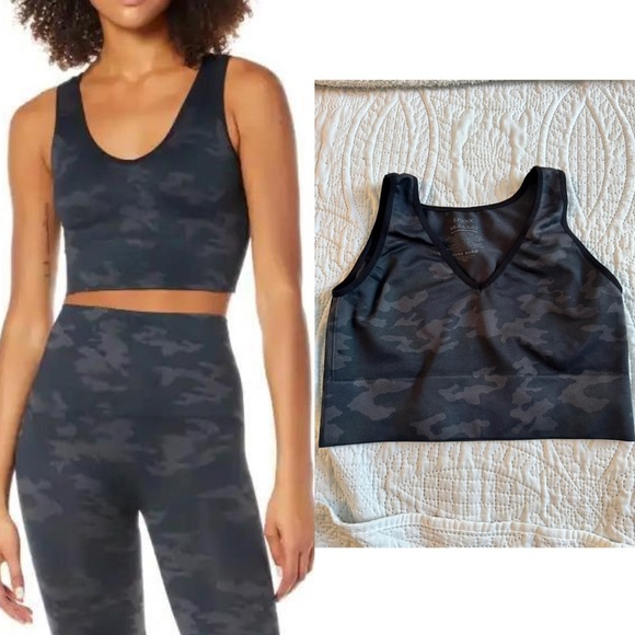 SPANX "Lamn" seamless sports crop top in camp black gray size Medium - Picture 1 of 5